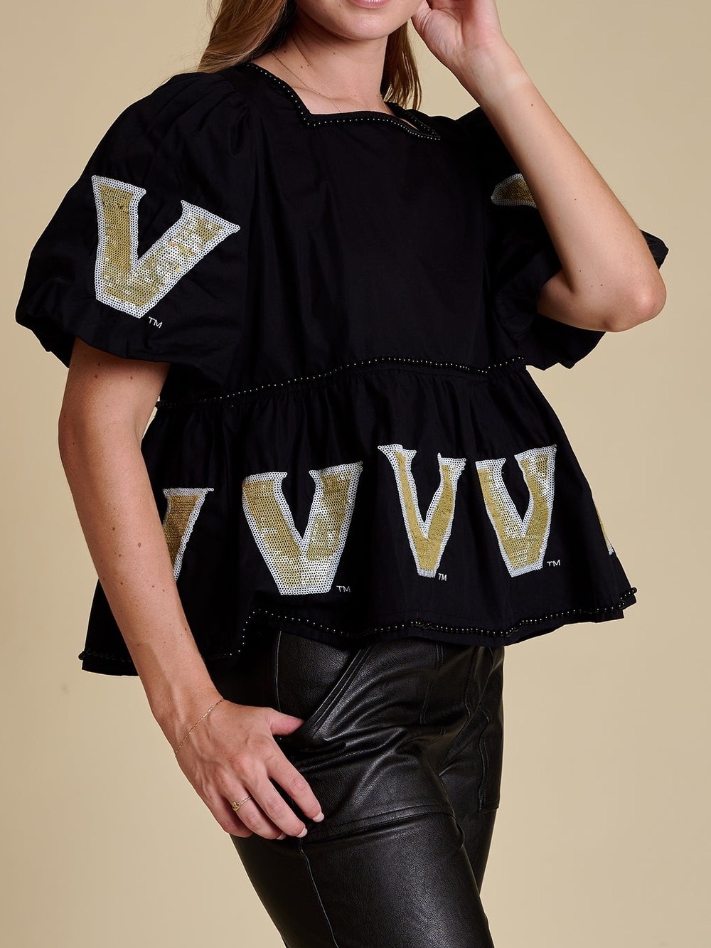 Stewart Simmons Vanderbilt Gameday Peplum Blouse Puff Sleeve Sequin Logo XL NWT